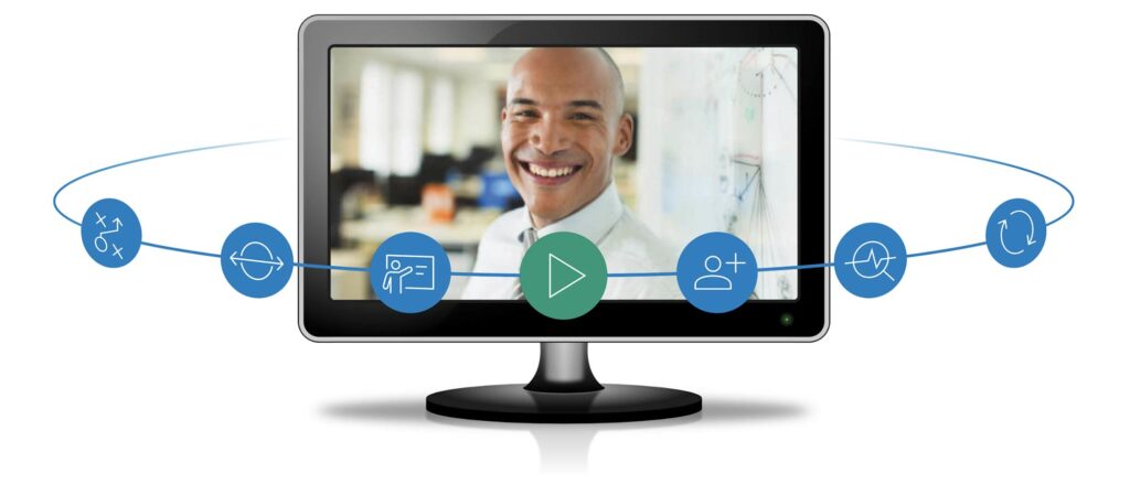 Computer monitor with smiling man displayed